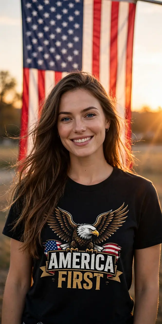 Patriot wearing the America First Eagle tee at sunset