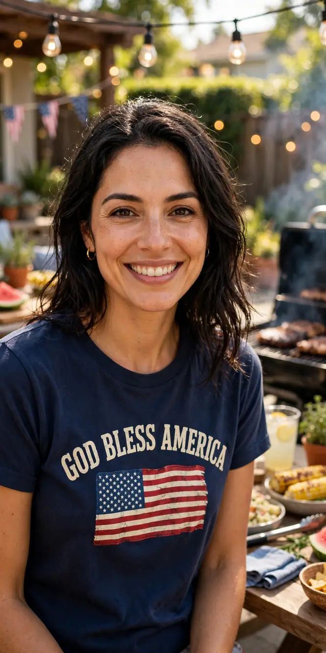 Patriot wearing the God Bless America tee at a backyard cookout